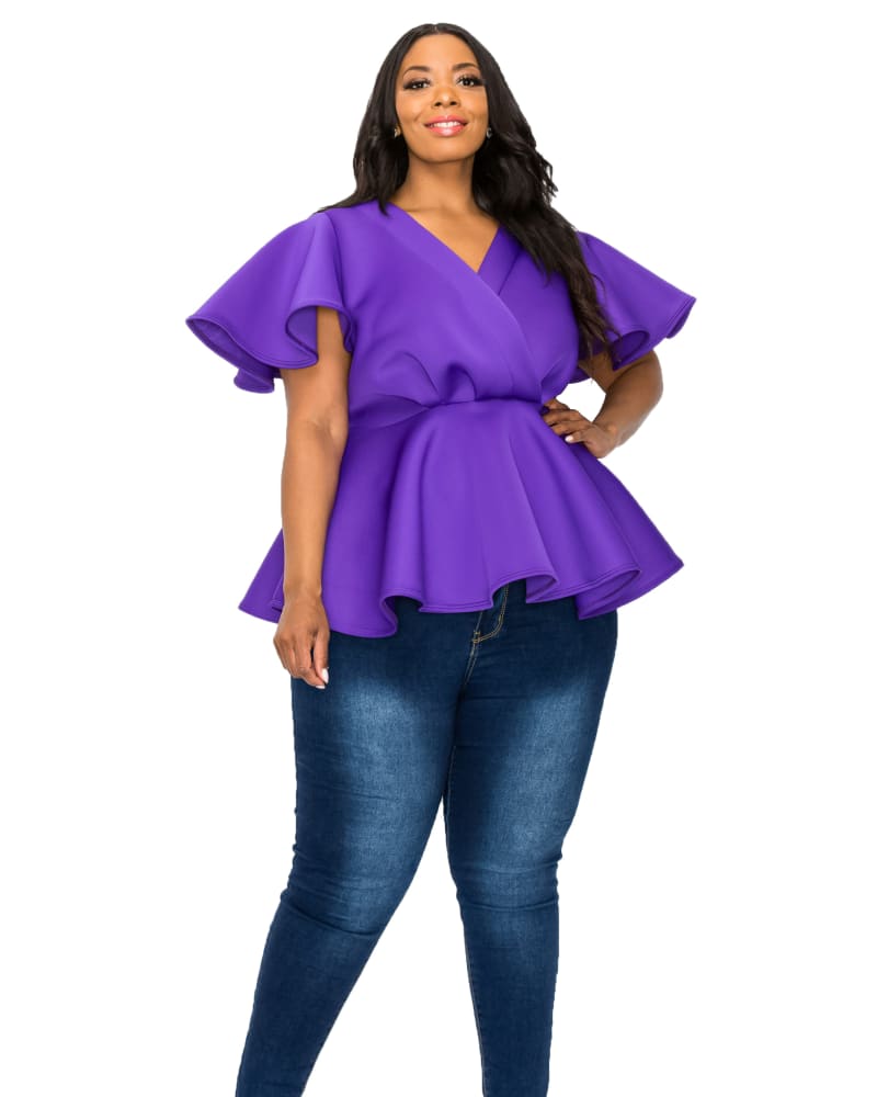 Front of a model wearing a size 3X Siobhan Peplum Top in Purple by L I V D. | dia_product_style_image_id:284739